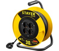 STAYER 30 м, 3500 Вт, заземление, 4 гнезда, ПВС 3x1,5 кв мм, удлинитель на катушке 55078-30