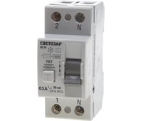 СВЕТОЗАР 63 A, "C", 400 B, 30 mА, 2 полюса, "AC", выключатель дифференциальный "УЗО" SV-49152-30-63