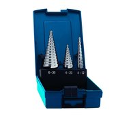 Набор свёрл ступенчатых, 3 пр., HSS-E, Gr.1/2/3, d 4-12, 4-20, 6-30 мм, прямая канавка, трёхплоскостной хвостовик, CBN шлифовка