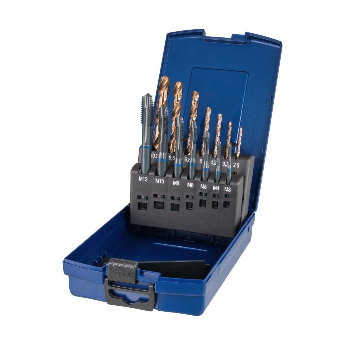 Набор метчиков машинных BLUE RING и свёрл HSS-E V3, DIN 371/376, Тип B, 14 пр., M3-M12, DIN 338 тип N d 2.5-10.2 мм